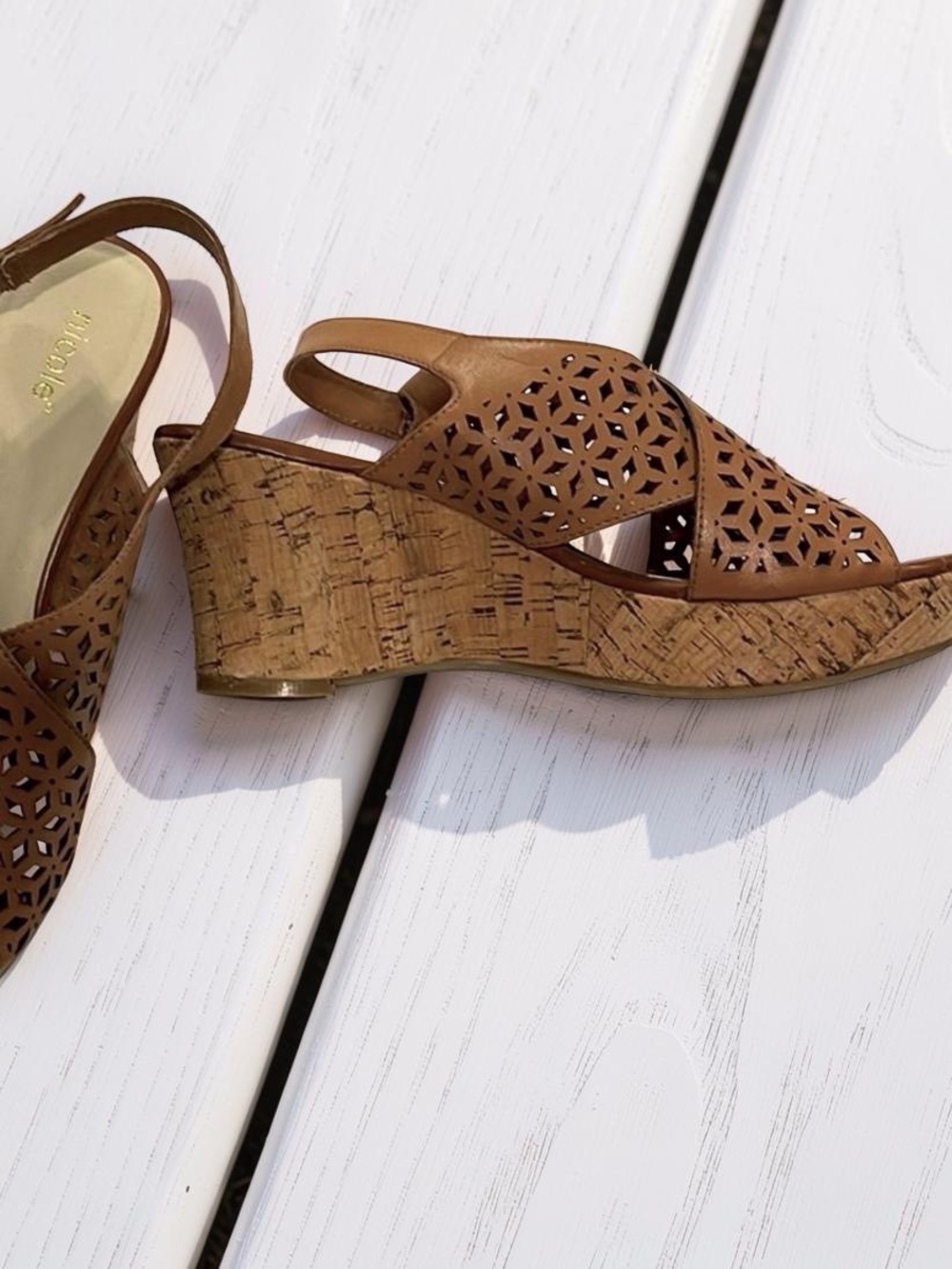 Cork and leather sandals by Nicole. 3 inch wedge heel. Size 8. - Picture 2 of 8